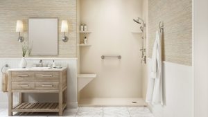 Newly remodeled beige shower with grab bar and built-in seating